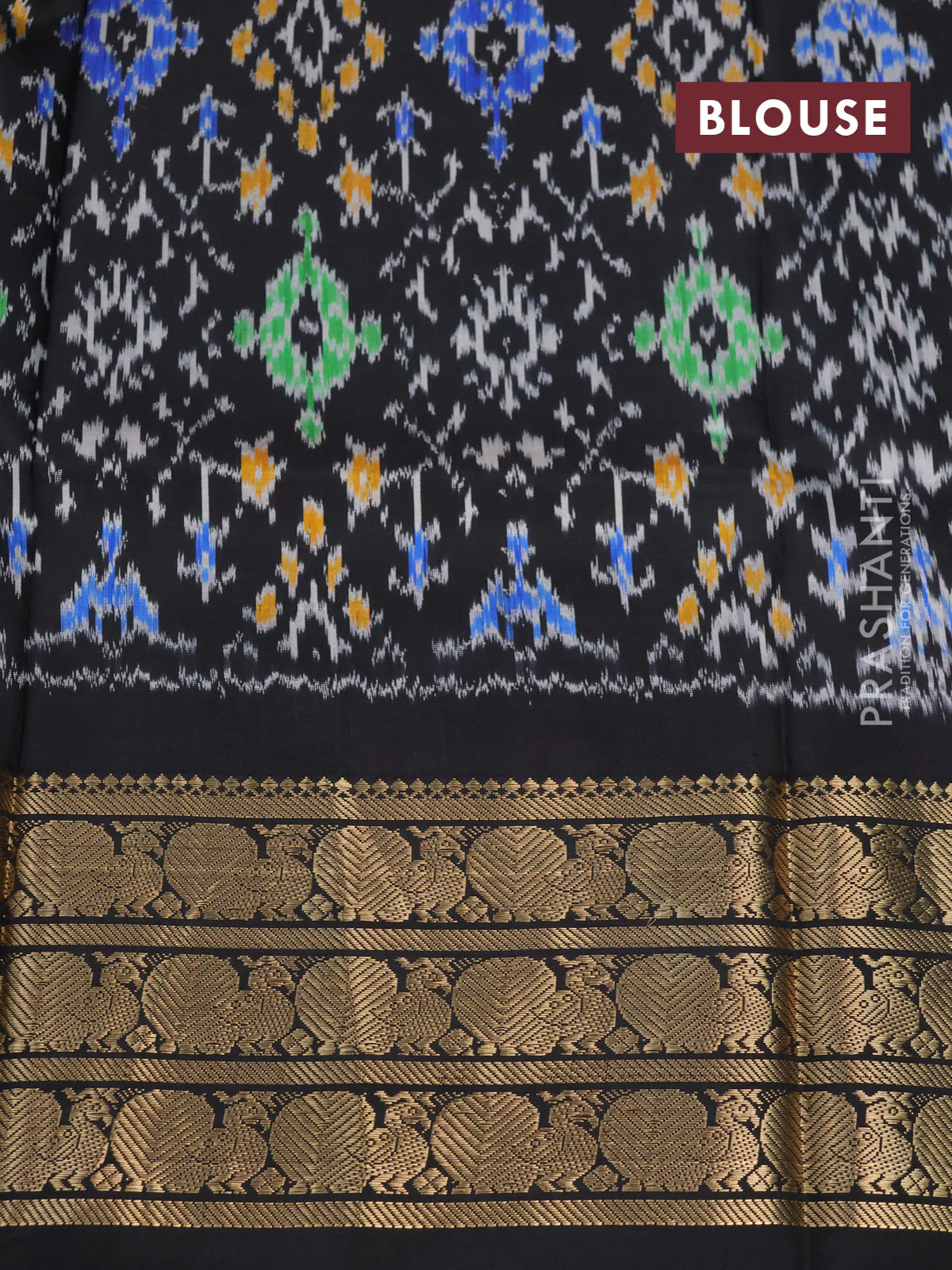 Pochampally silk saree pastel green and black with allover floral digital prints and temple design annam zari woven border - Image 4