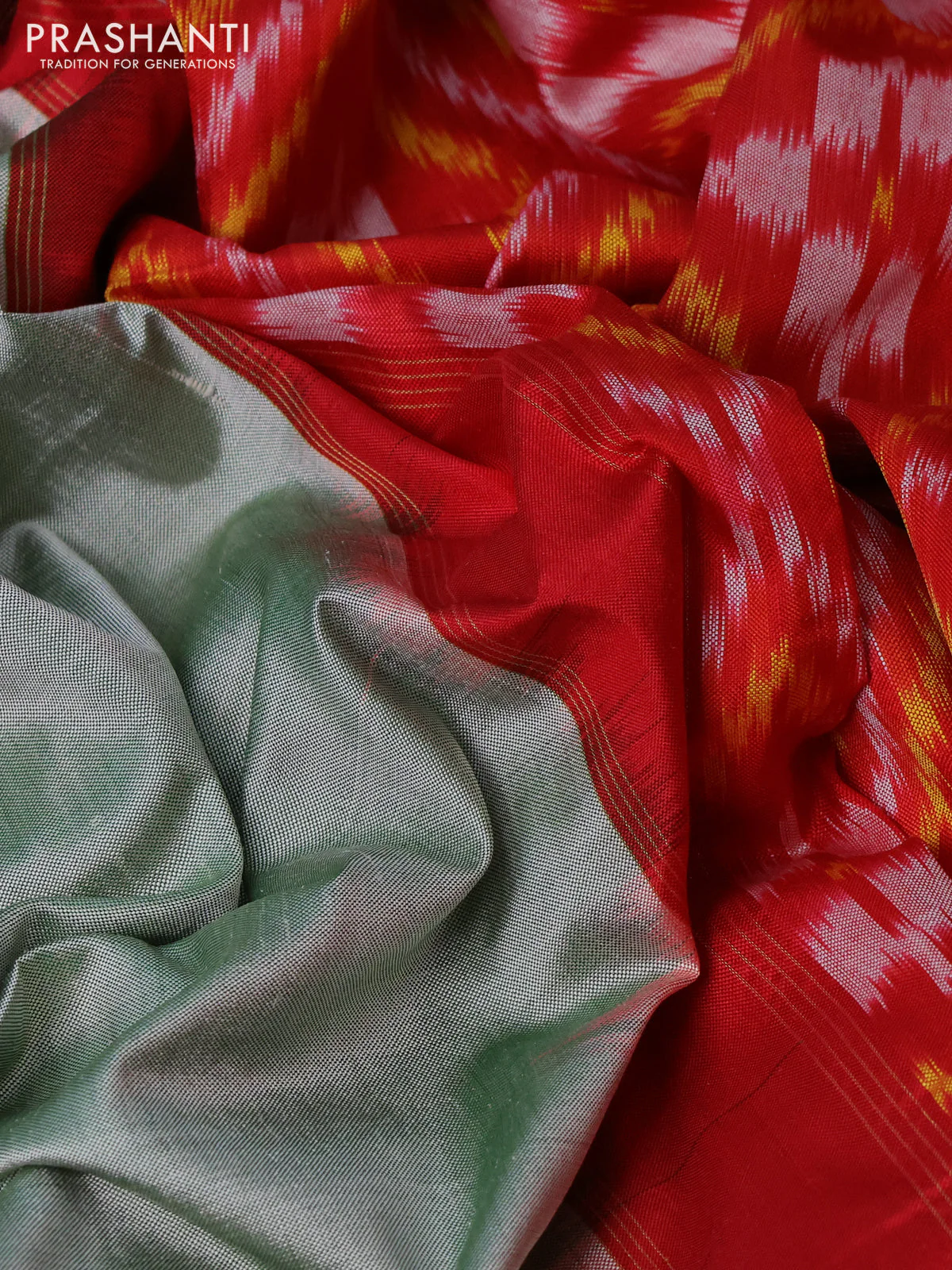Pochampally silk saree pastel green and red with plain body and temple design rettapet zari woven border - Image 3