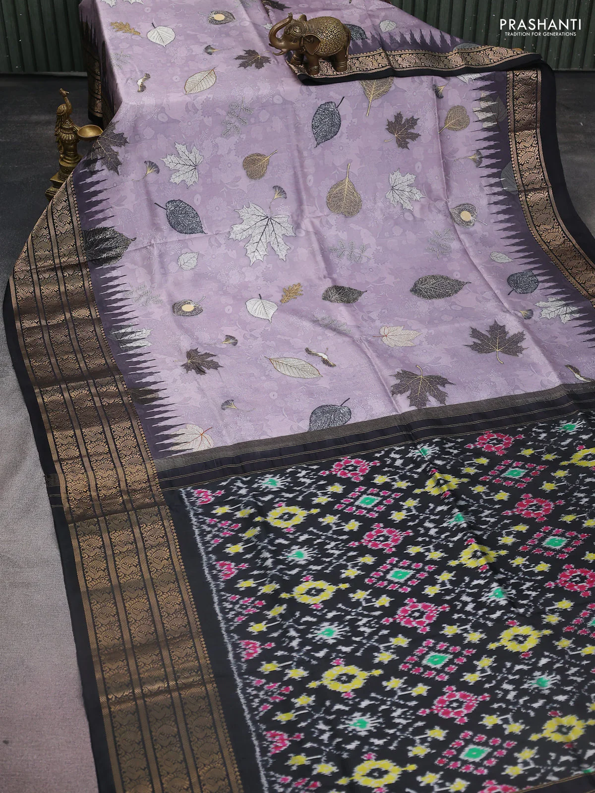 Pochampally silk saree pastel purple and black with allover digital prints and temple design annam zari woven border - Image 2