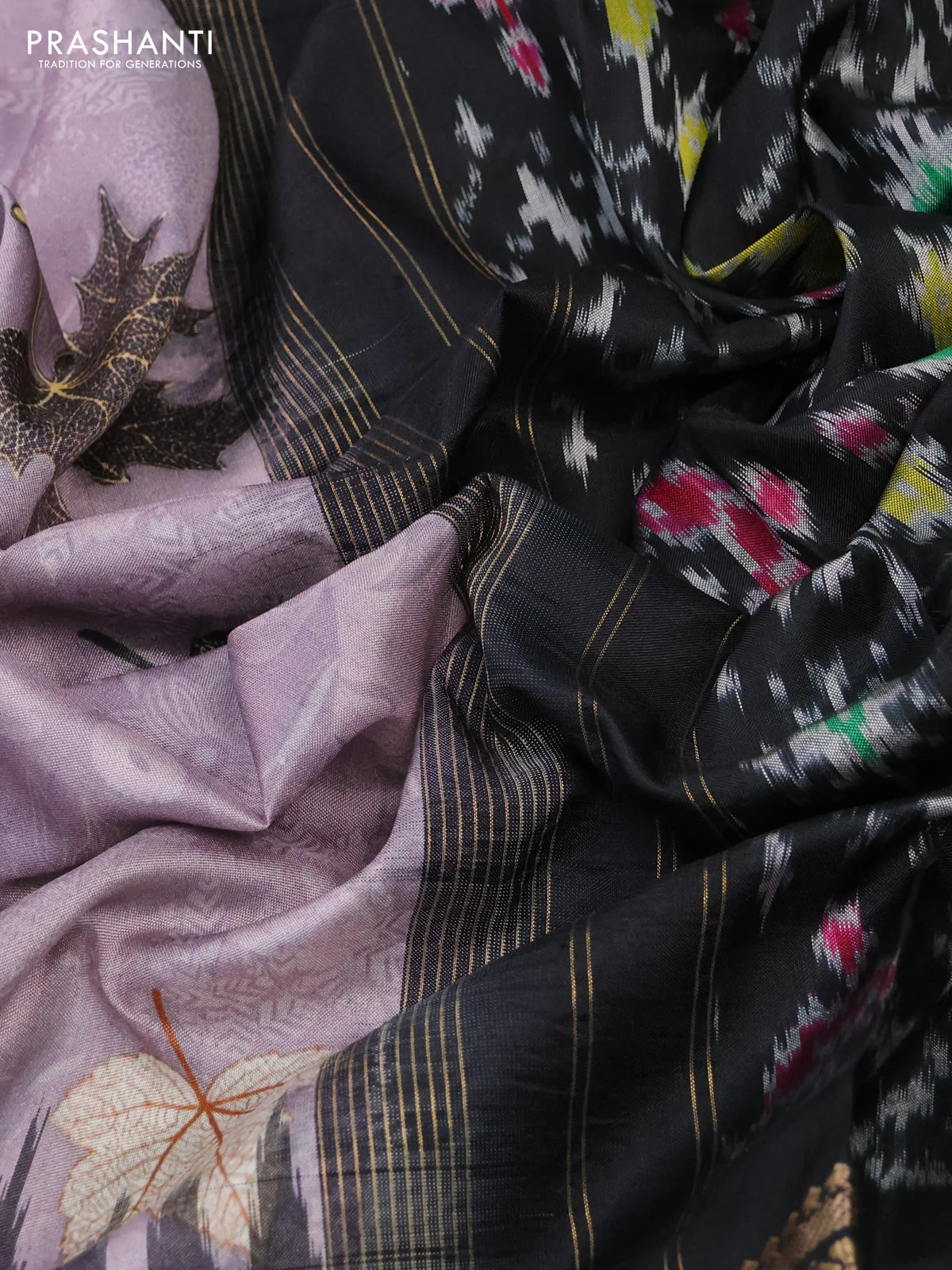 Pochampally silk saree pastel purple and black with allover digital prints and temple design annam zari woven border - Image 3