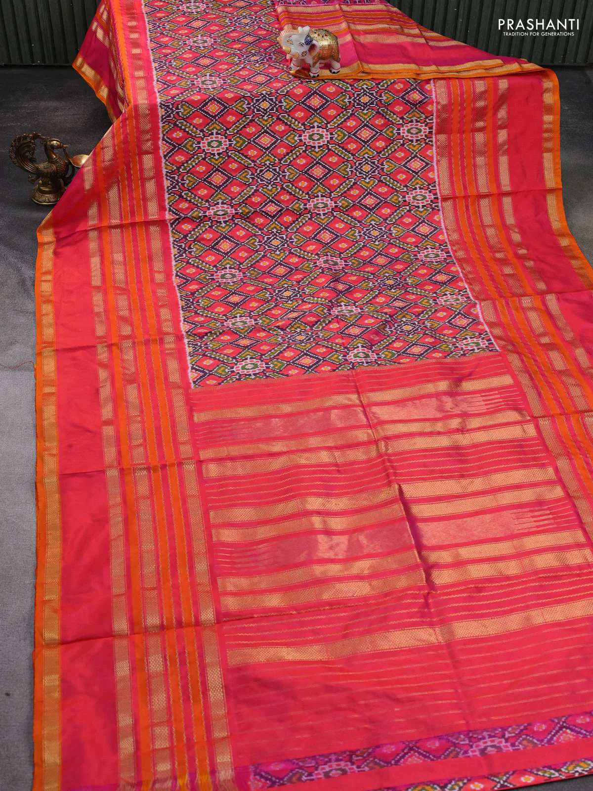 Pochampally silk saree peach pink and dual shade of pinkish orange with allover ikat weaves and long rettapet zari woven border - Image 2