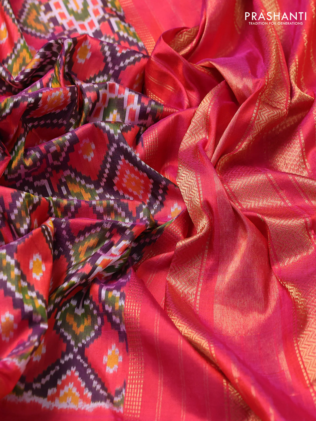 Pochampally silk saree peach pink and dual shade of pinkish orange with allover ikat weaves and long rettapet zari woven border - Image 3