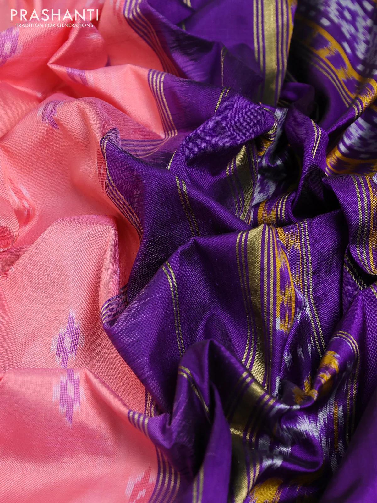 Pochampally silk saree peach pink and violet with ikat butta weaves and rettapet zari woven ikat style border - Image 3