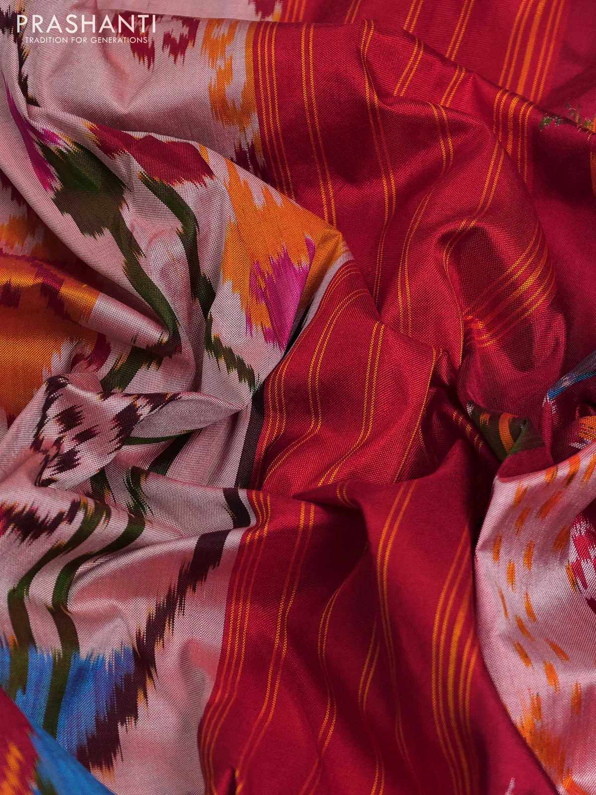 Pochampally silk saree peach shade and red with allover ikat prints and simple border - Image 3
