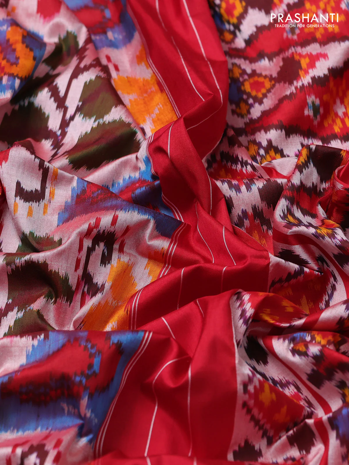 Pochampally silk saree peach shade and red with allover ikat weaves and rettapet border - Image 3