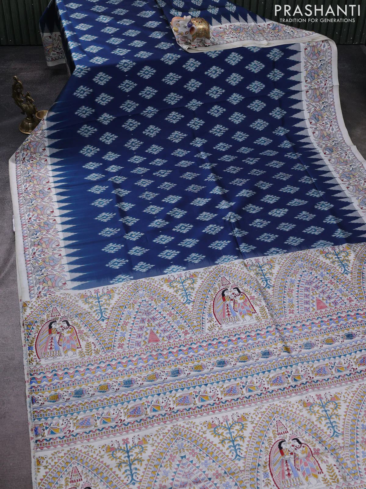 Pochampally silk saree peacock blue and cream with allover ikat woven buttas and madhubani prints - Image 2
