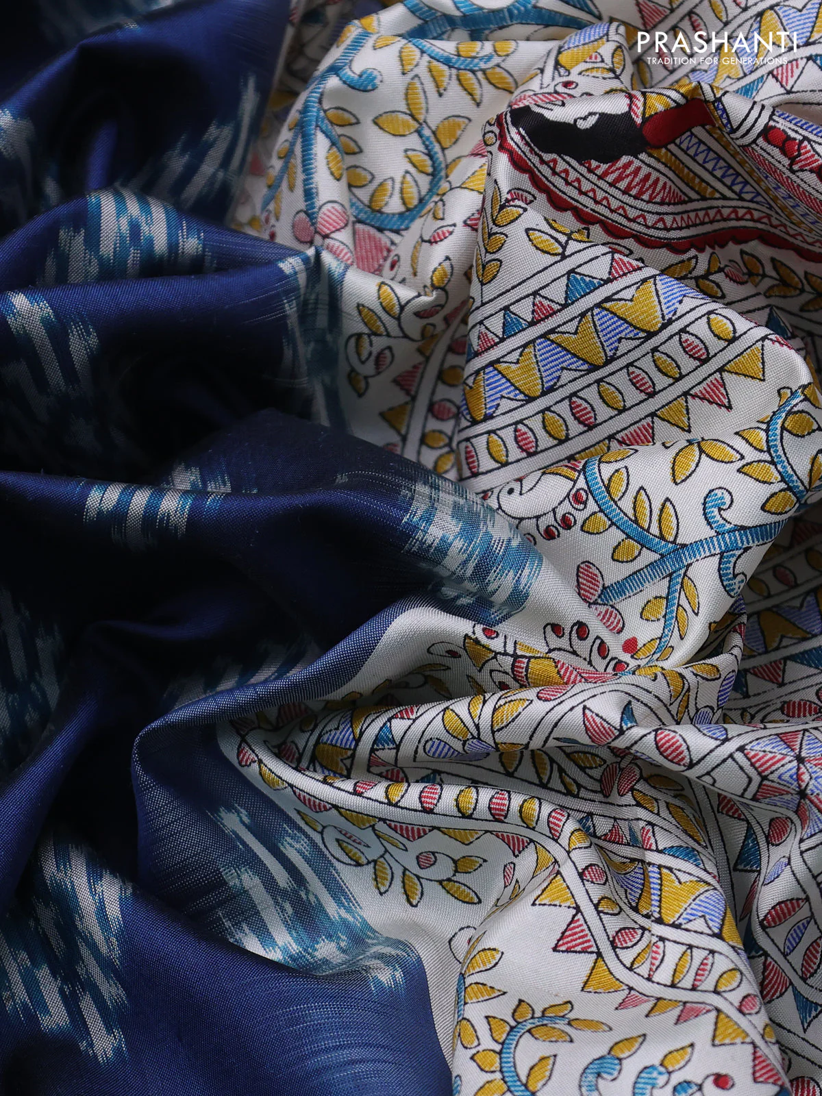 Pochampally silk saree peacock blue and cream with allover ikat woven buttas and madhubani prints - Image 3