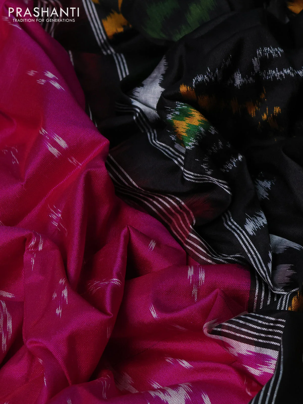 Pochampally silk saree pink and black with allover ikat butta weaves and long ikat woven rettapet border - Image 3