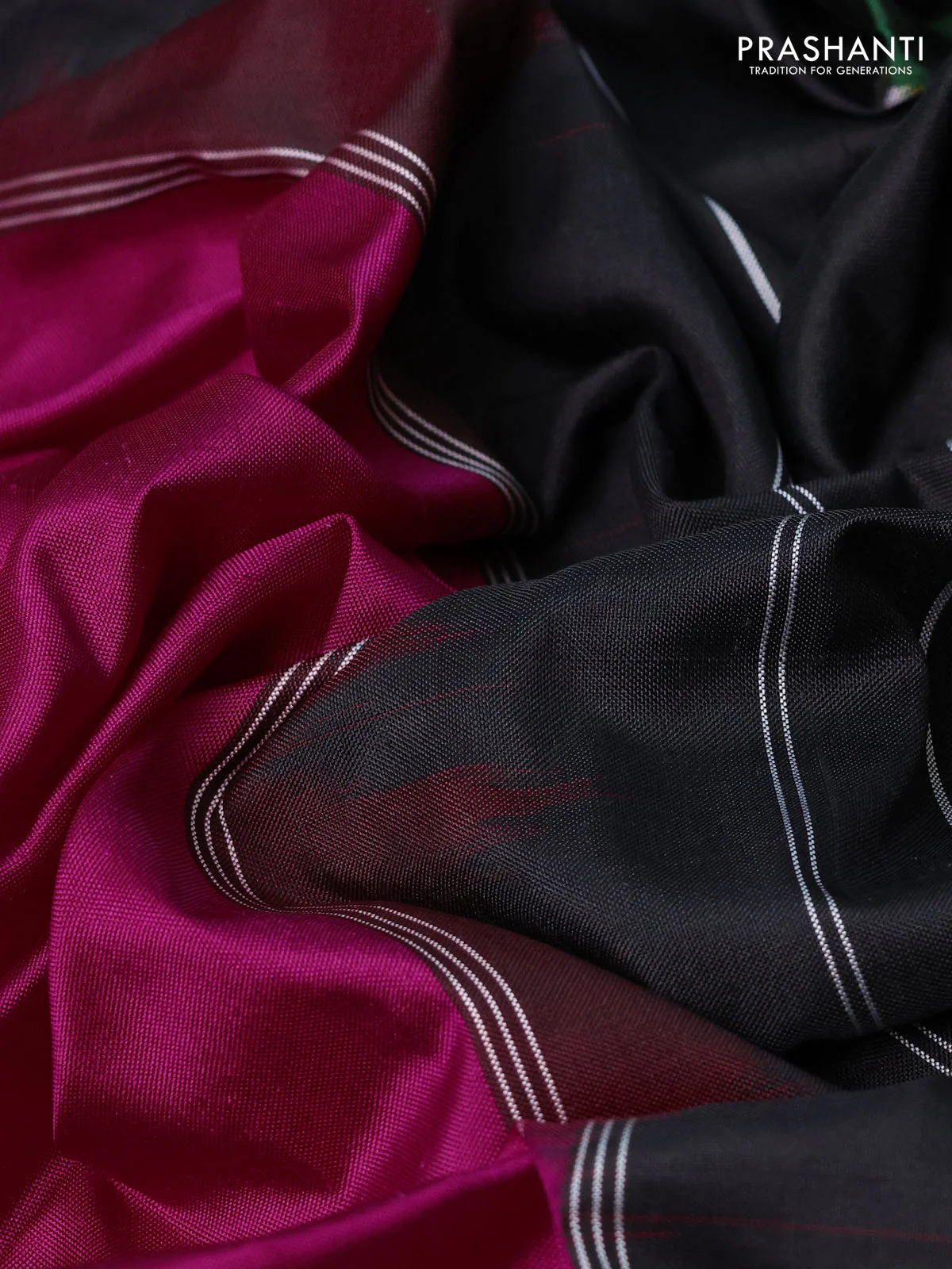 Pochampally silk saree pink and black with plain body and long ikat woven border - Image 3