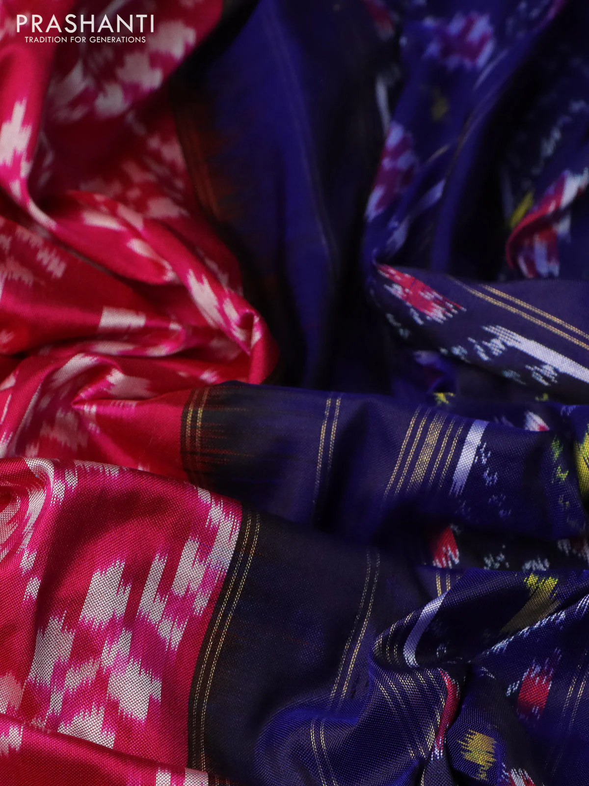 Pochampally silk saree pink and blue with allover ikat weaves and long ikat woven zari border - Image 3