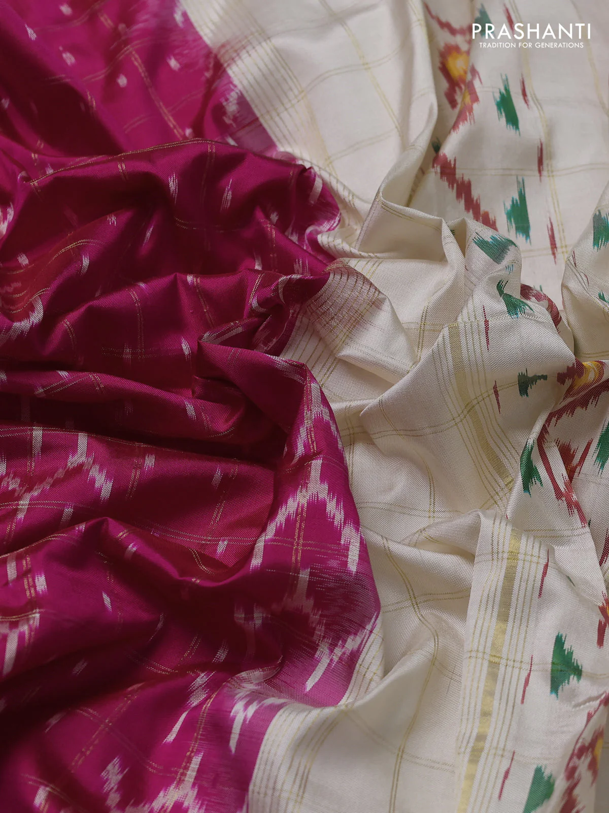 Pochampally silk saree pink and cream with allover zari checks & ikat weaves and ikat woven zari border - Image 3