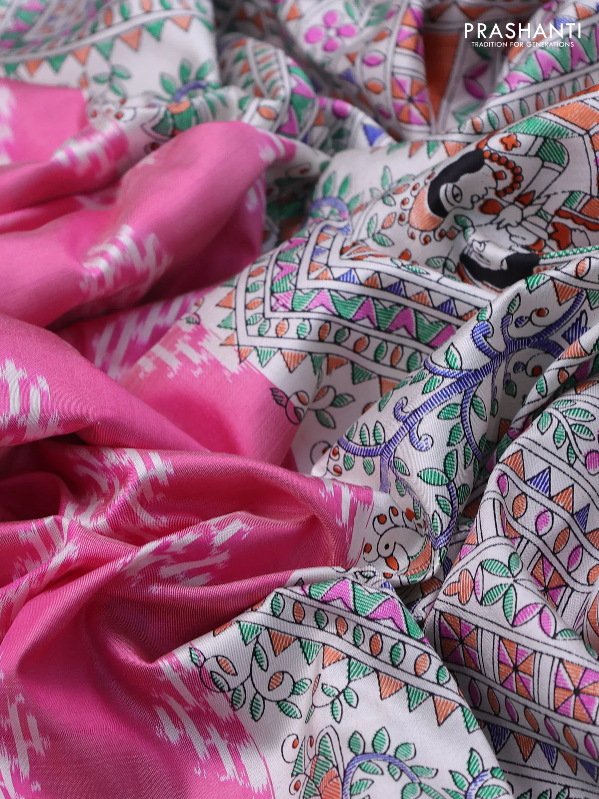 Pochampally silk saree pink shade and cream with allover ikat woven buttas and madhubani prints - Image 3