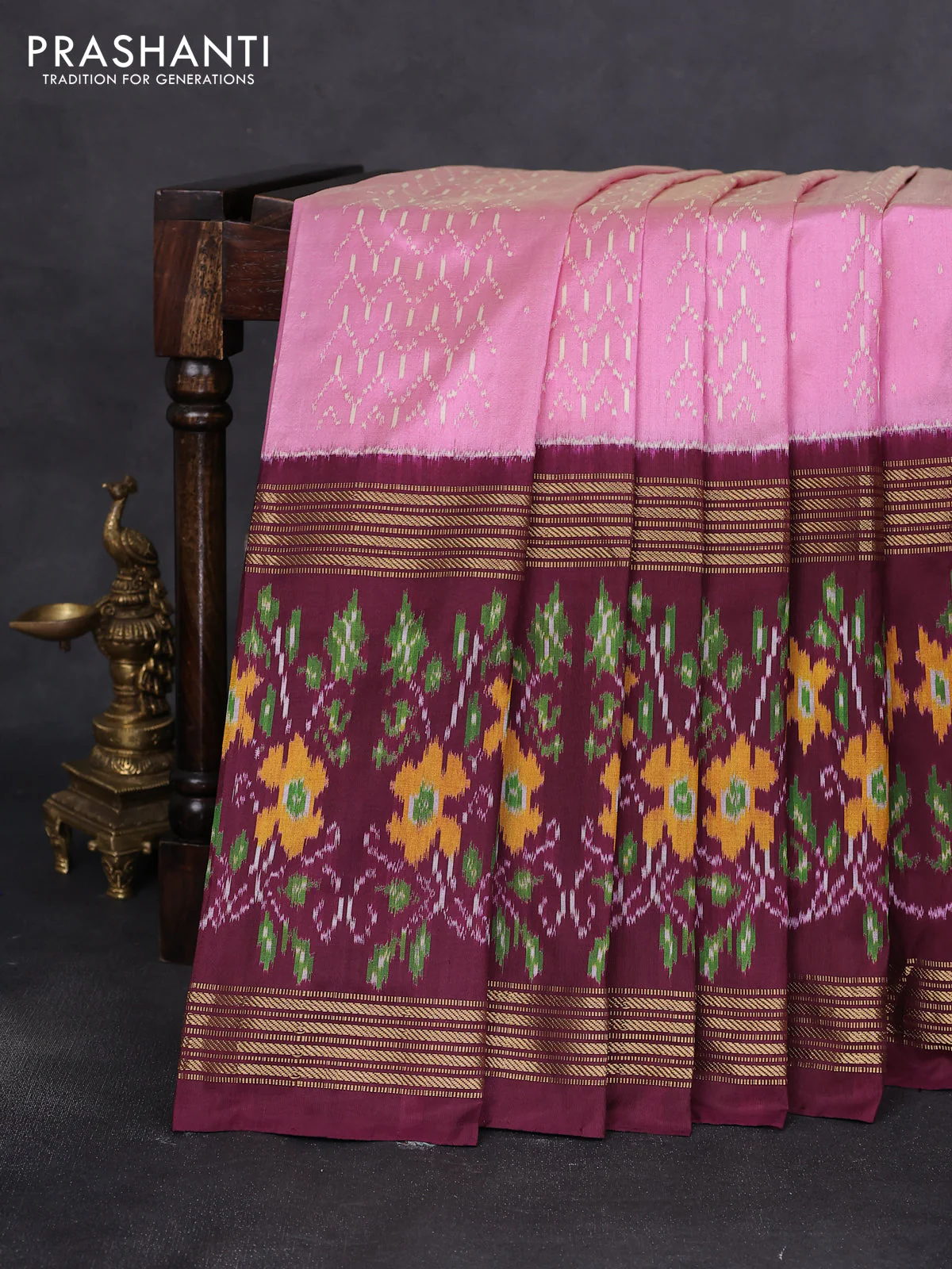 Pochampally silk saree pink shade and wine shade with allover ikat weaves and zari woven border
