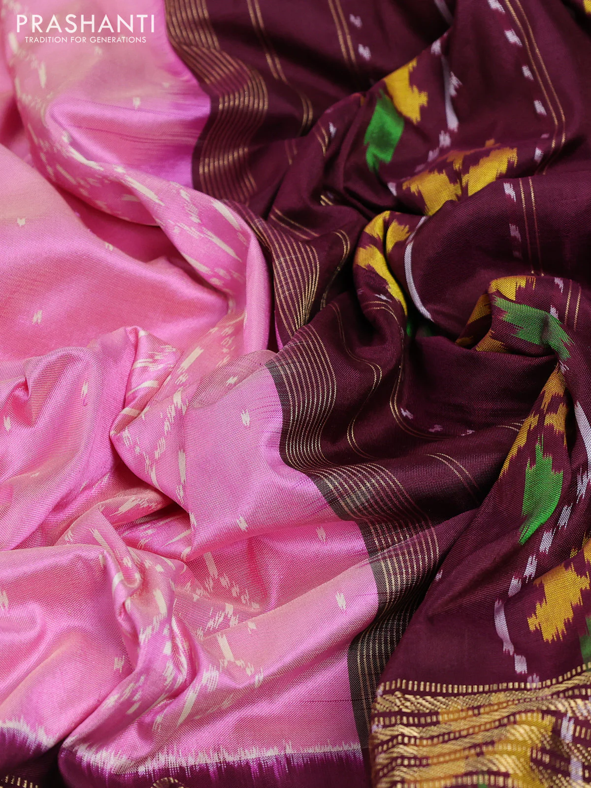 Pochampally silk saree pink shade and wine shade with allover ikat weaves and zari woven border - Image 3