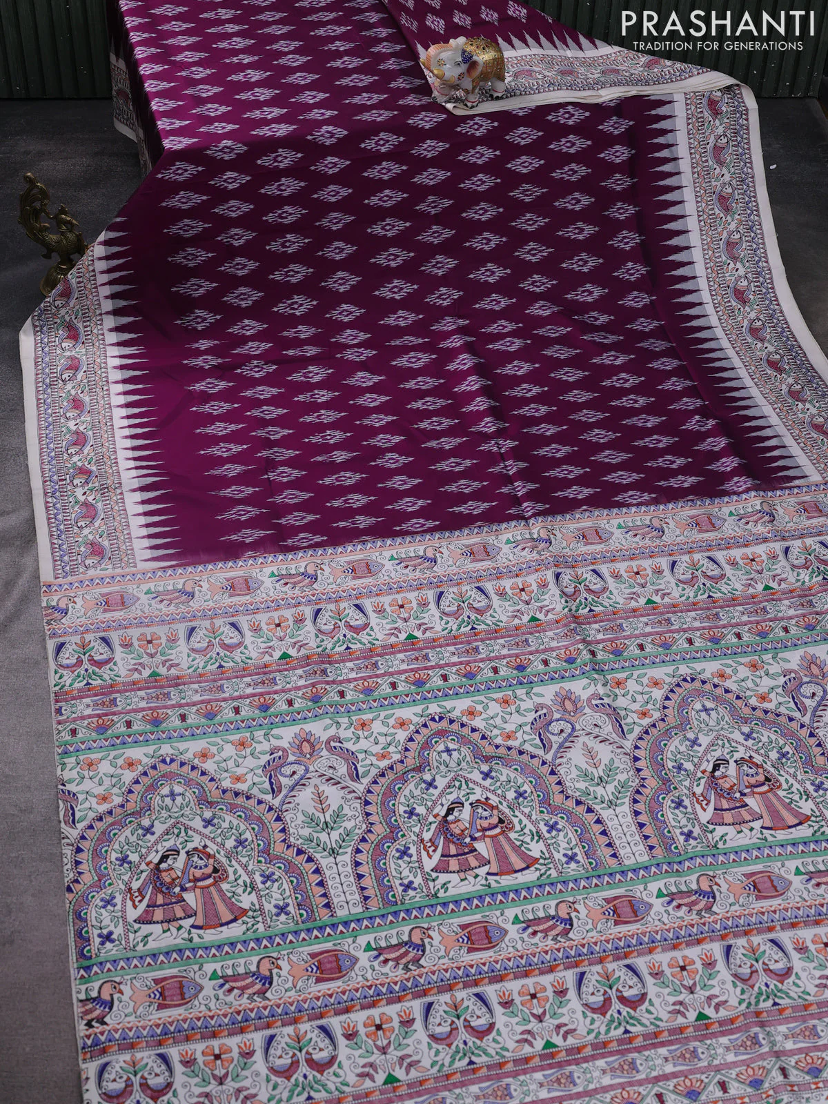 Pochampally silk saree purple and cream with allover ikat woven buttas and madhubani prints - Image 2