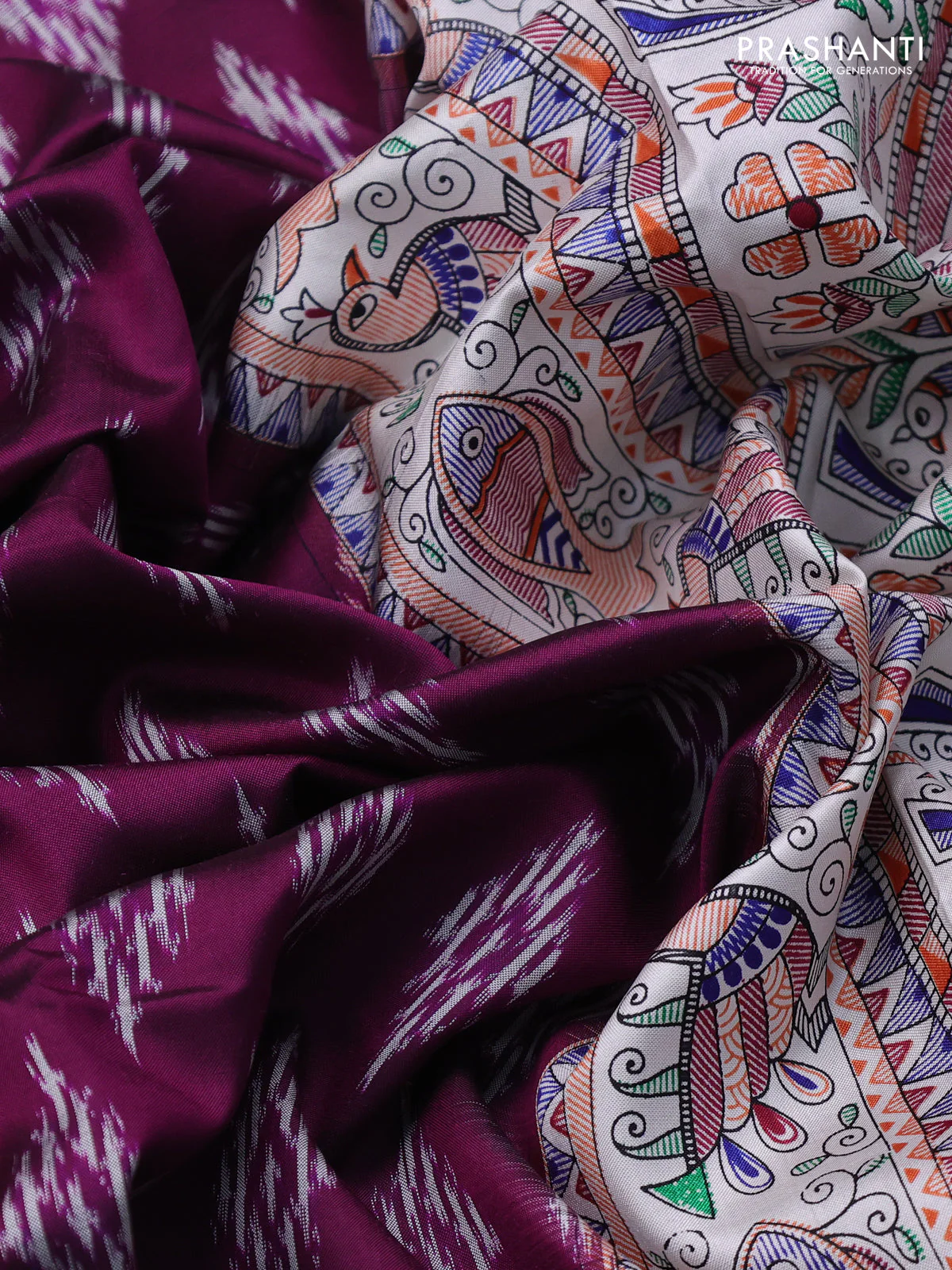 Pochampally silk saree purple and cream with allover ikat woven buttas and madhubani prints - Image 3