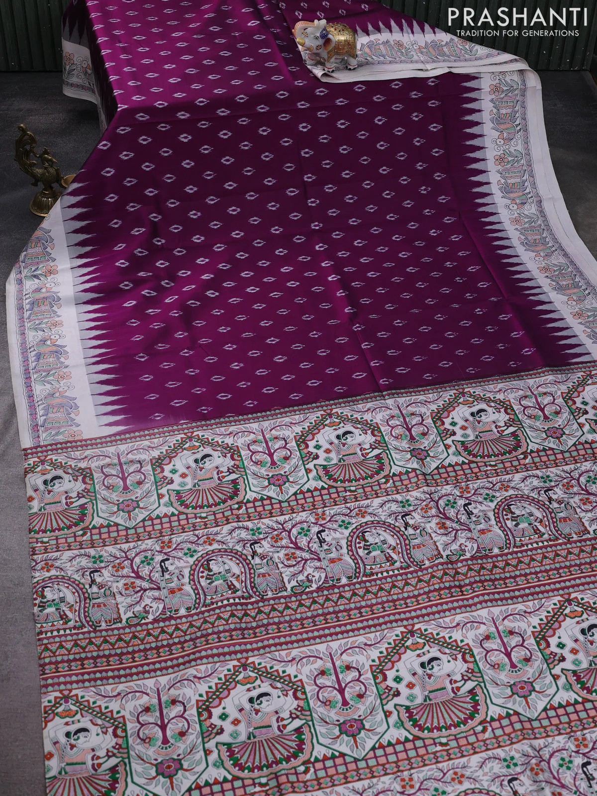 Pochampally silk saree purple and cream with allover ikat woven buttas and madhubani prints - Image 2
