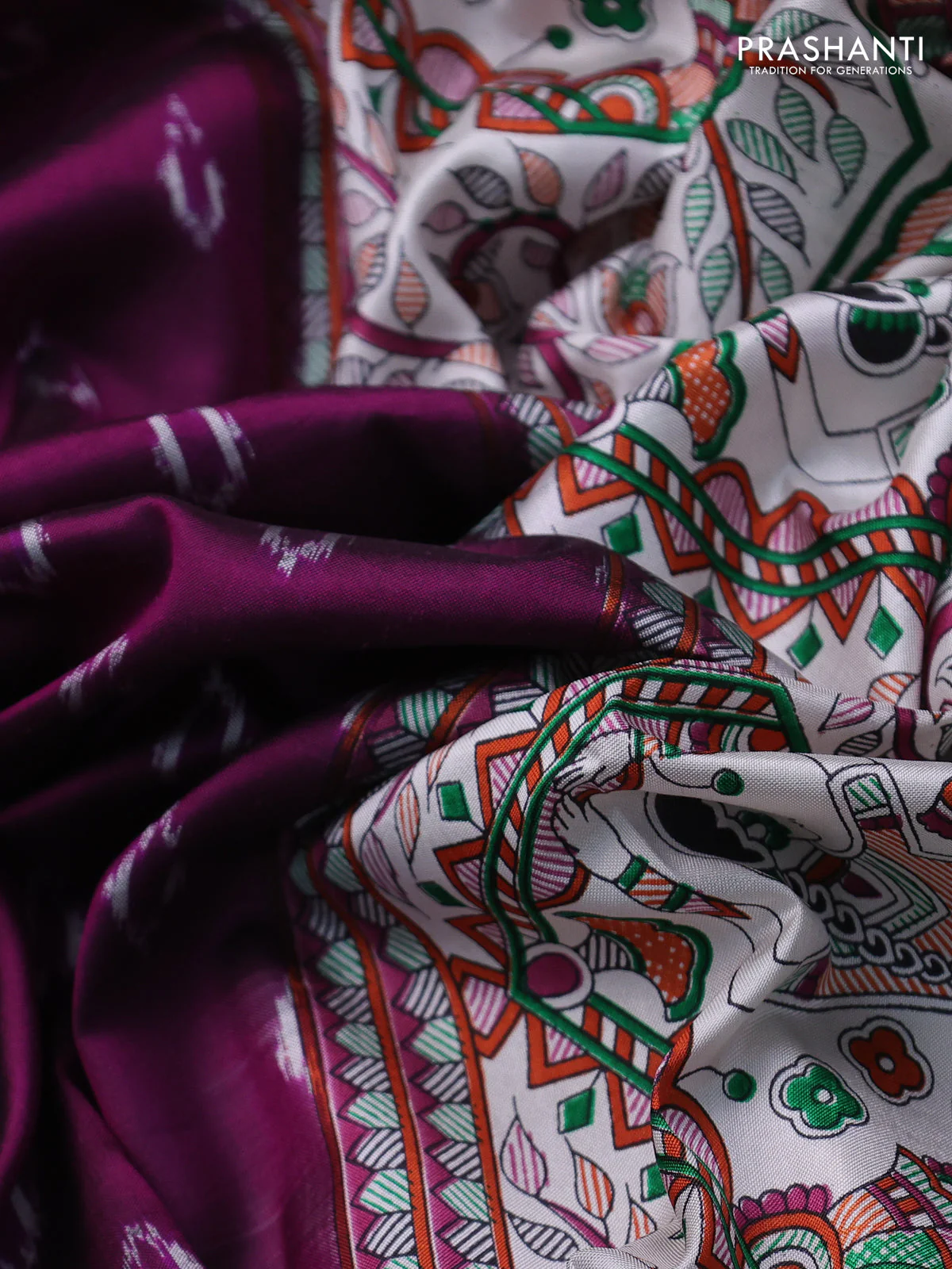 Pochampally silk saree purple and cream with allover ikat woven buttas and madhubani prints - Image 3