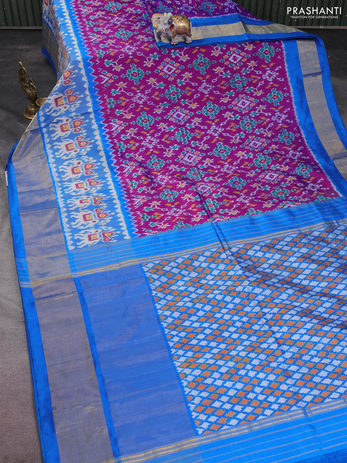 Pochampally silk saree purple and cs blue with allover ikat weaves and long ikat woven zari border - Image 2