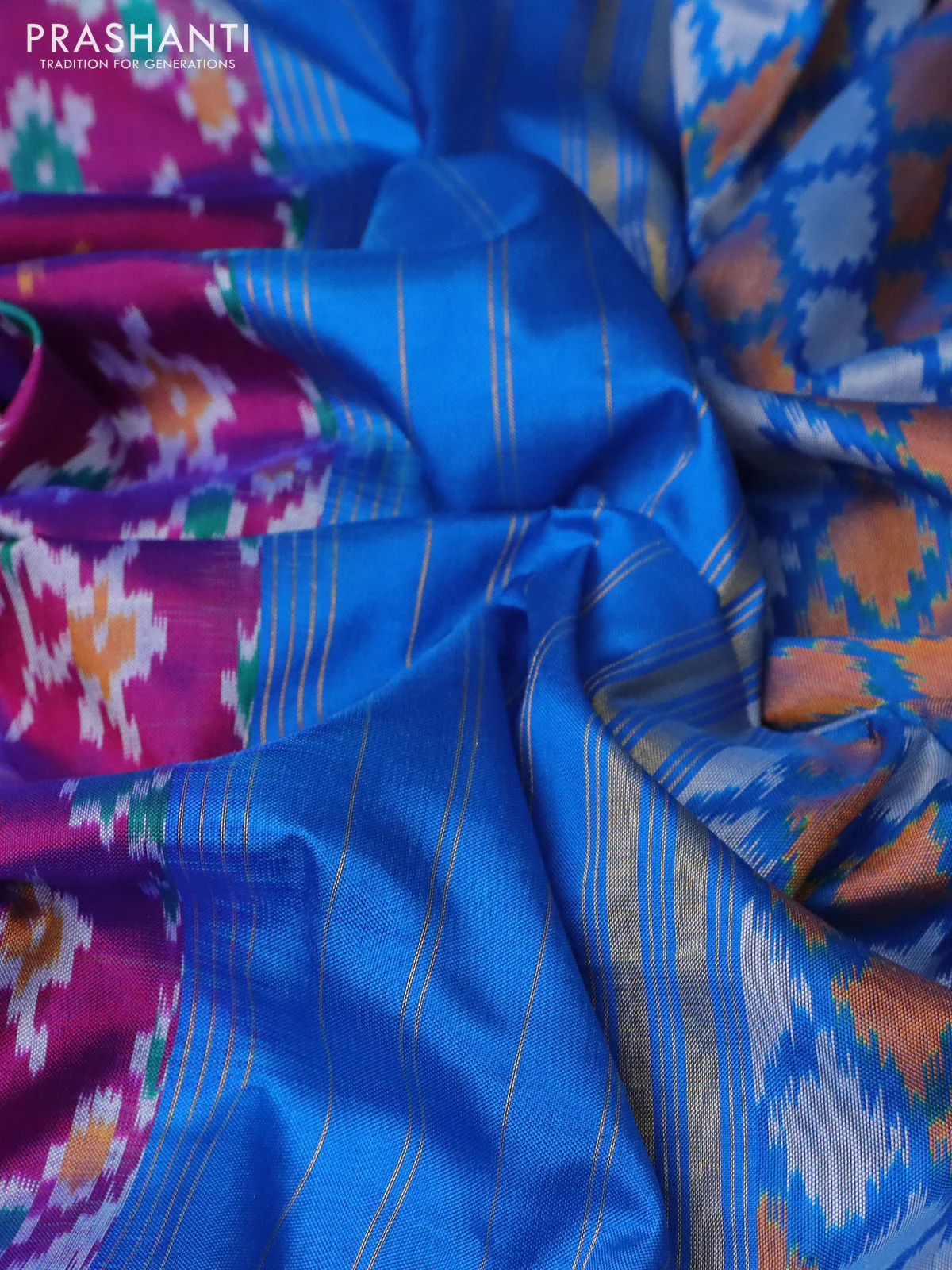 Pochampally silk saree purple and cs blue with allover ikat weaves and long ikat woven zari border - Image 3