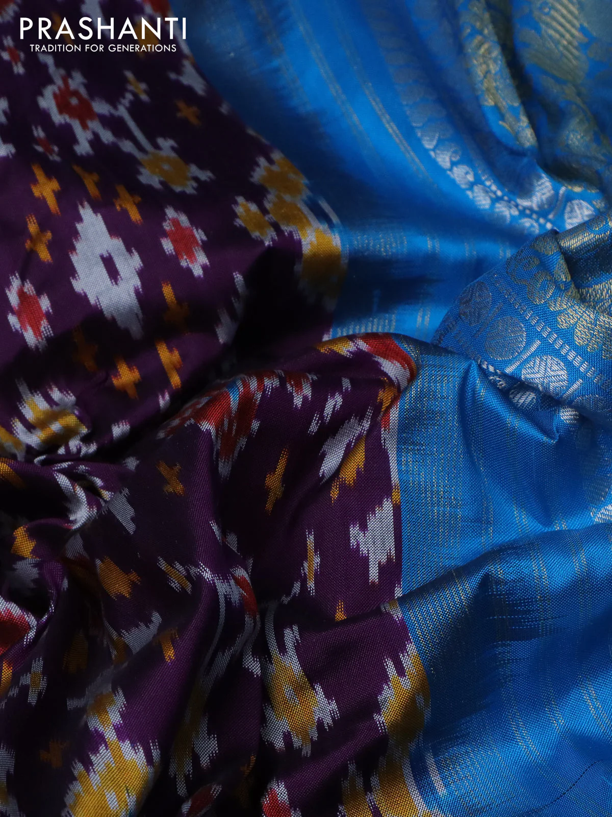 Pochampally silk saree purple and cs blue with allover ikat weaves and long zari woven border - Image 2