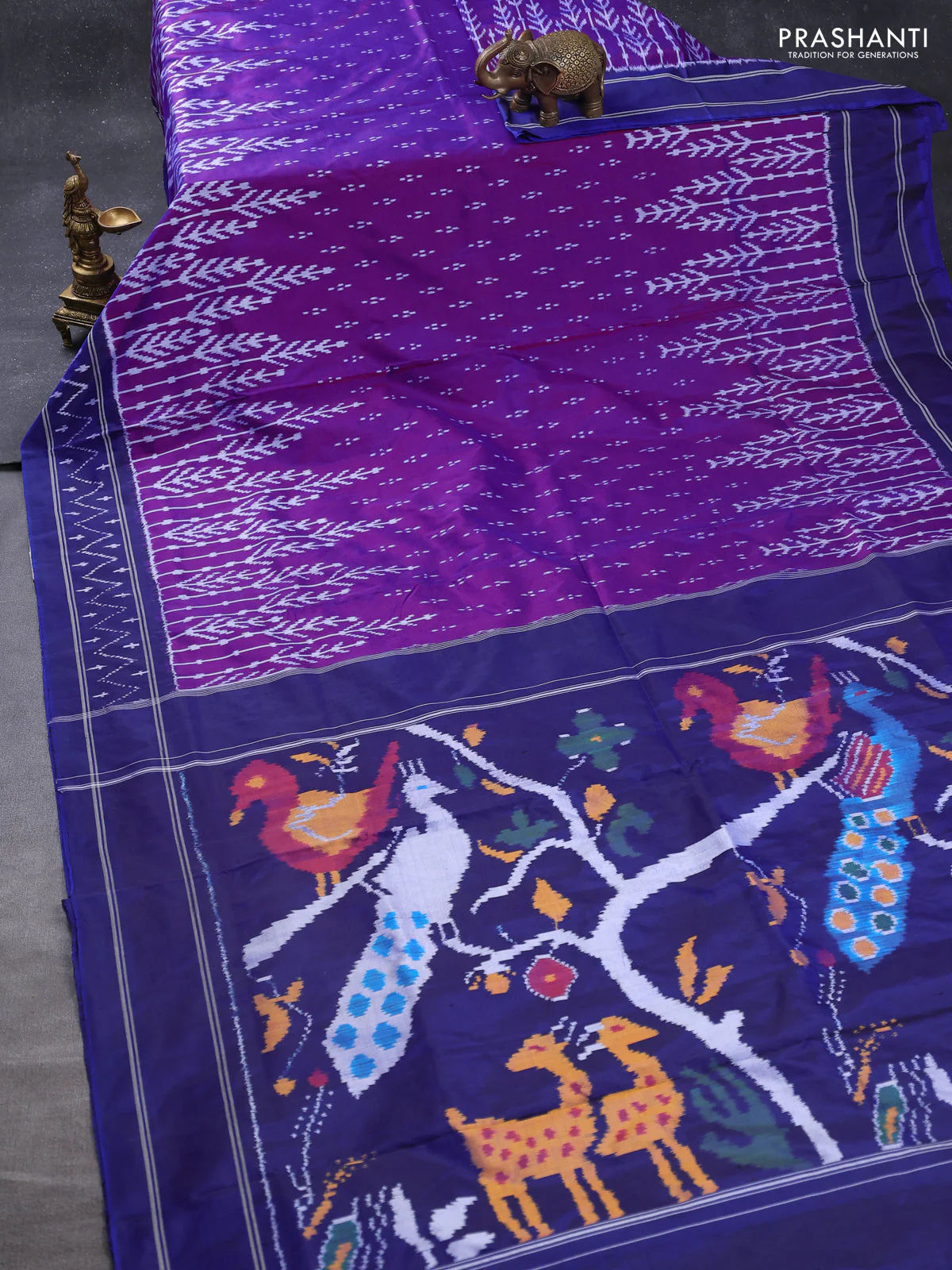 Pochampally silk saree purple and dark blue with allover ikat butta weaves and long ikat woven border - Image 2