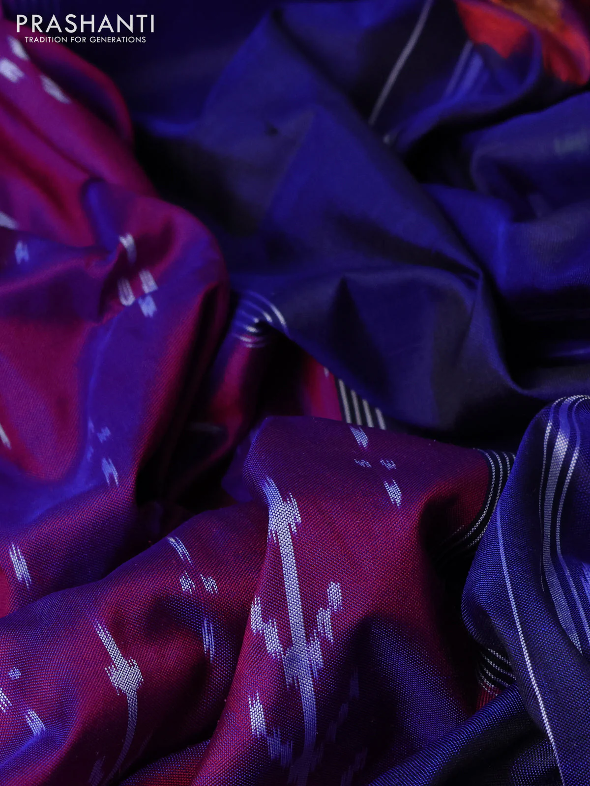 Pochampally silk saree purple and dark blue with allover ikat butta weaves and long ikat woven border - Image 3