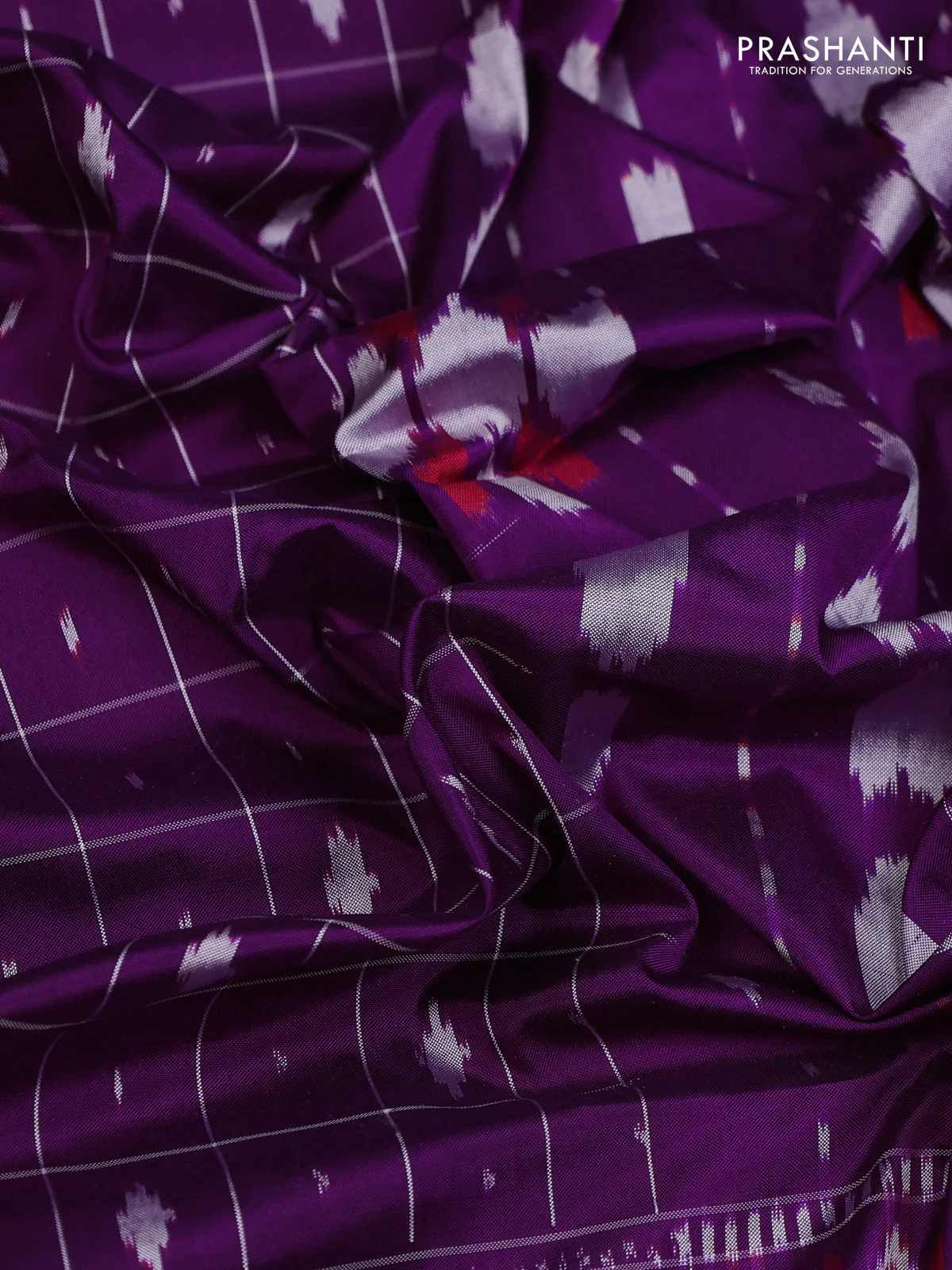 Pochampally silk saree purple and maroon with allover checks & ikat butta weaves and long ikat woven zari border - Image 3