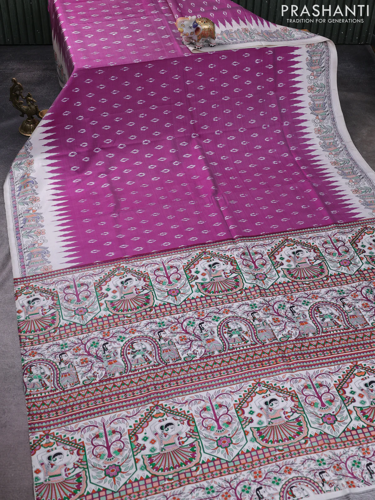 Pochampally silk saree purple and off white with allover ikat woven buttas and madhubani prints - Image 2