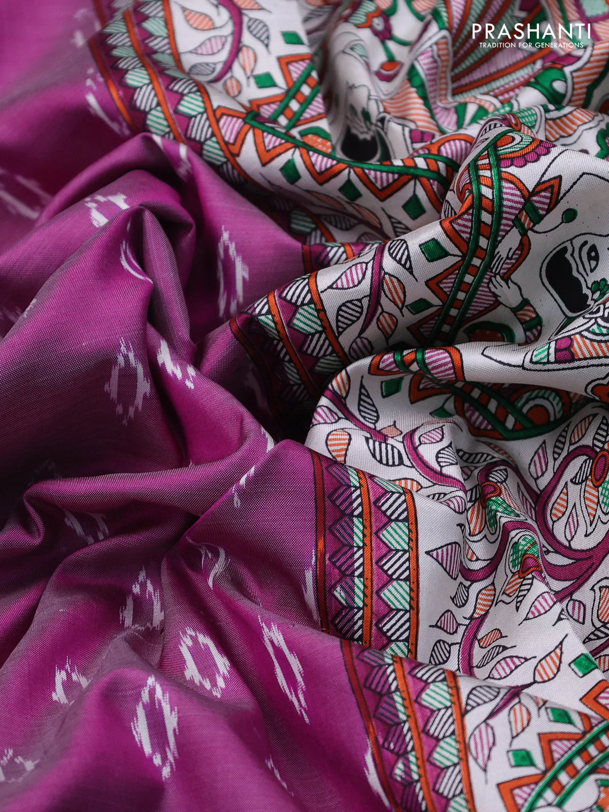 Pochampally silk saree purple and off white with allover ikat woven buttas and madhubani prints - Image 3