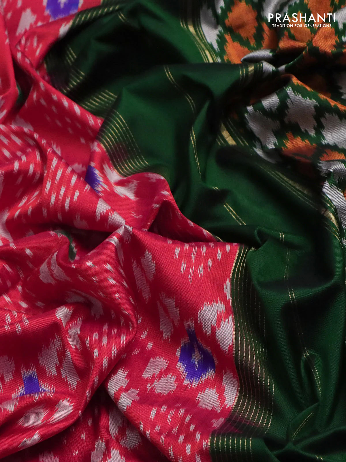 Pochampally silk saree red and green with allover ikat weaves and long ikat woven zari woven border - Image 3
