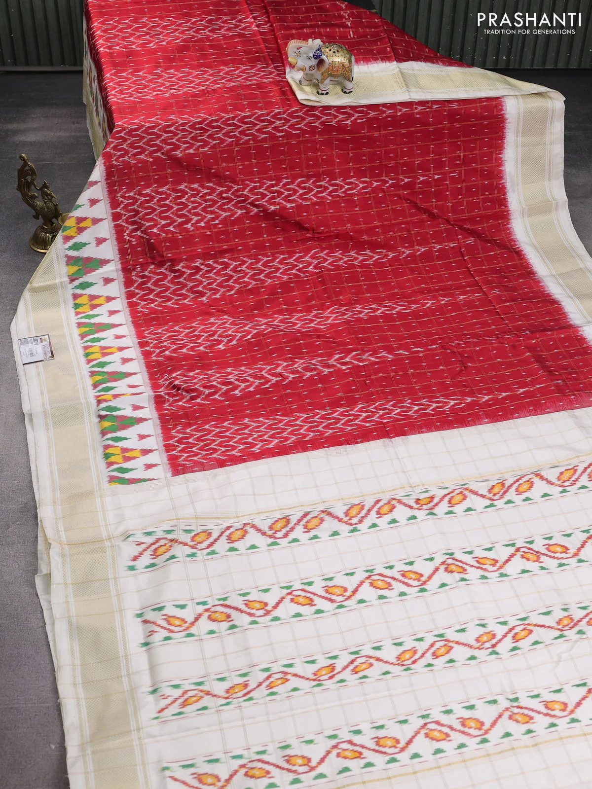 Pochampally silk saree red and off white with allover zari checks & ikat weaves and zari woven border - Image 2