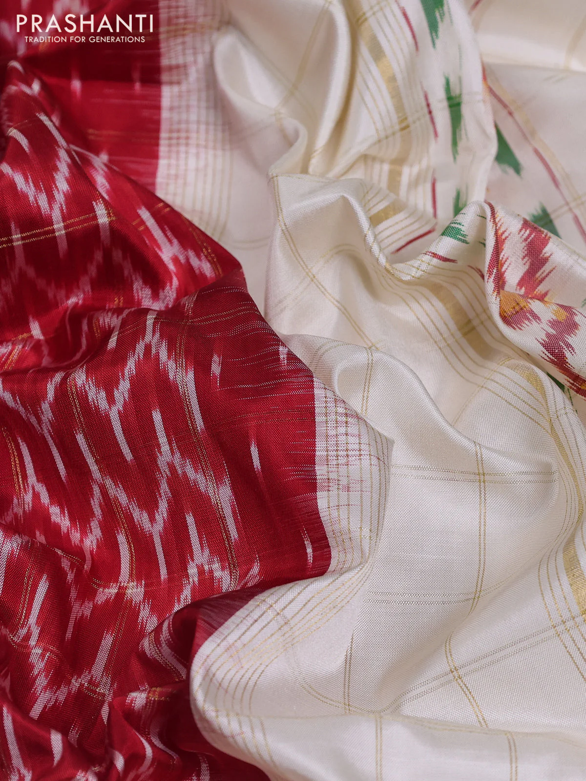 Pochampally silk saree red and off white with allover zari checks & ikat weaves and zari woven border - Image 3