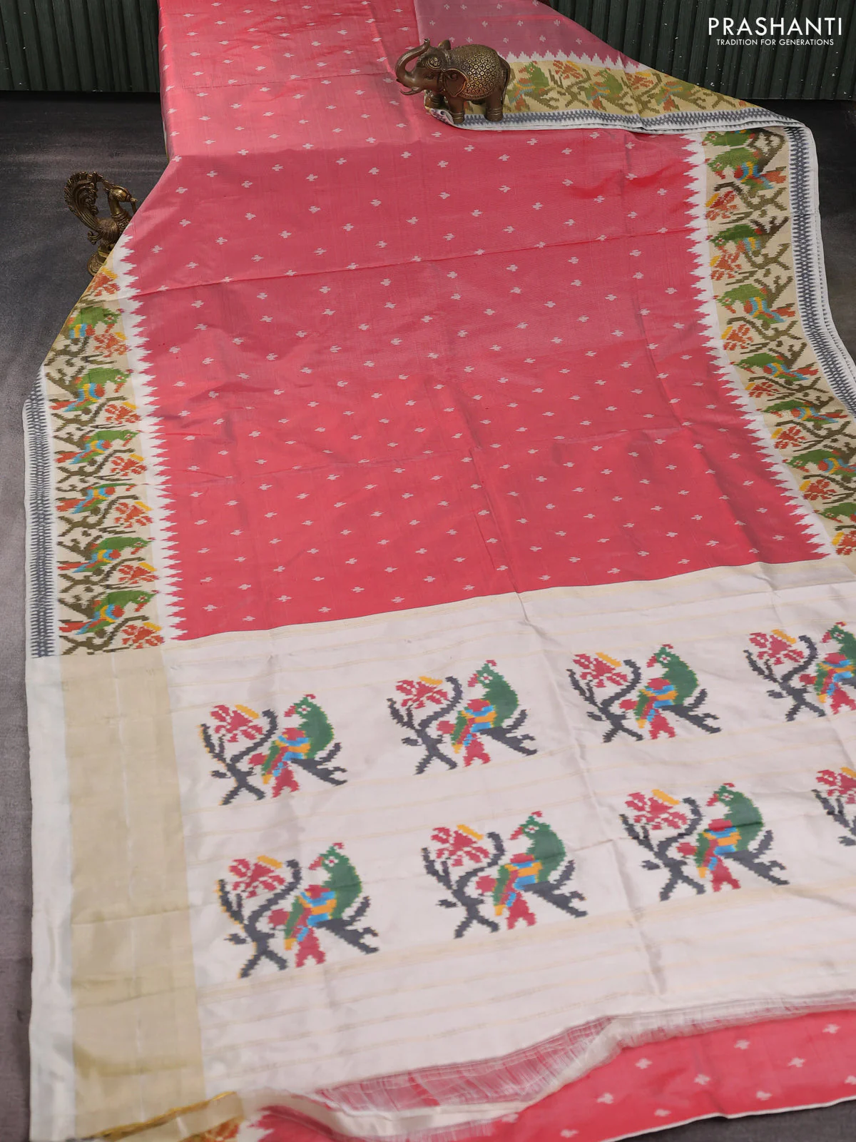 Pochampally silk saree red shade and cream with allover ikat butta weaves and temple design ikat woven zari border - Image 2
