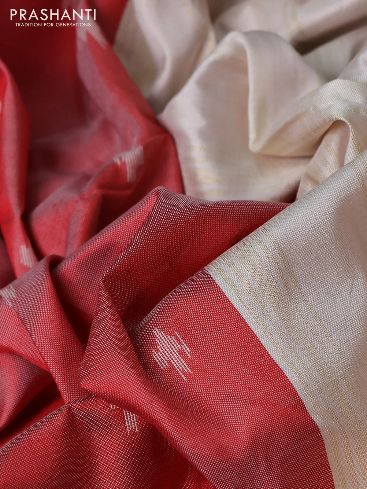 Pochampally silk saree red shade and cream with allover ikat butta weaves and temple design ikat woven zari border - Image 3