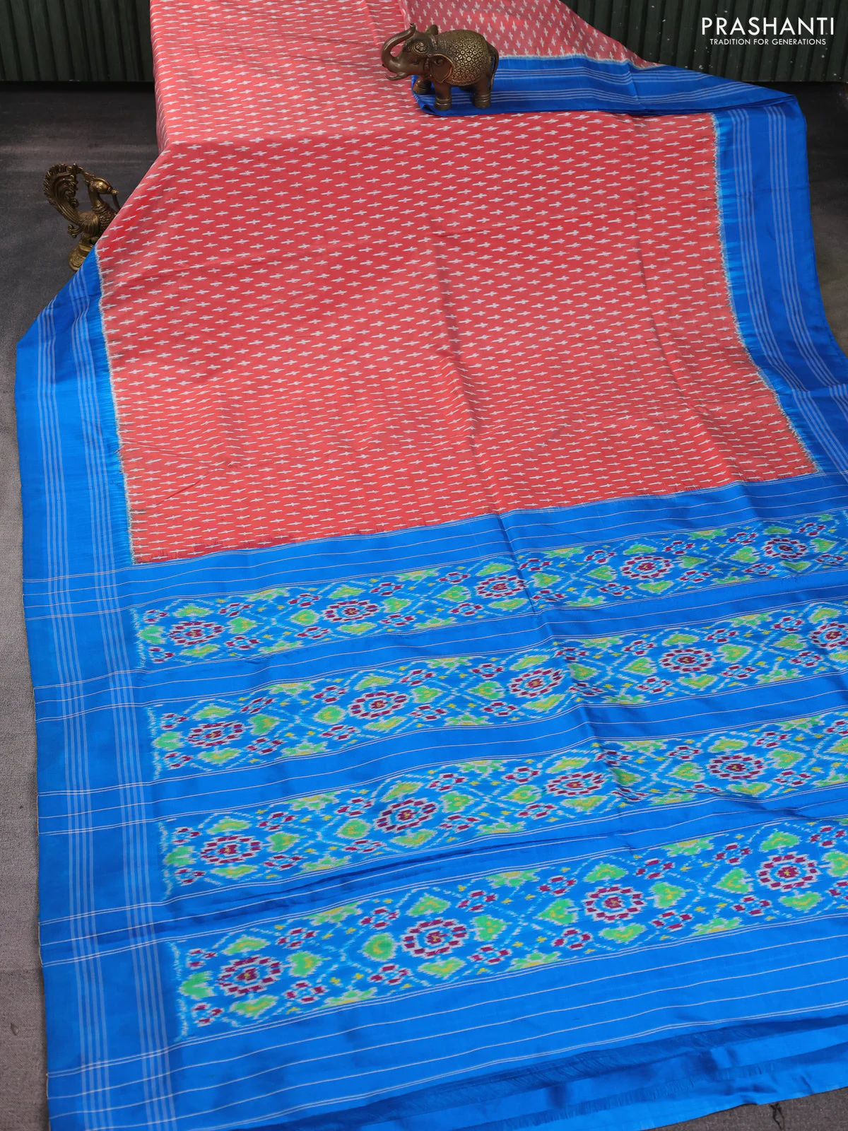 Pochampally silk saree red shade and cs blue with allover ikat butta weaves and rettapet border - Image 2