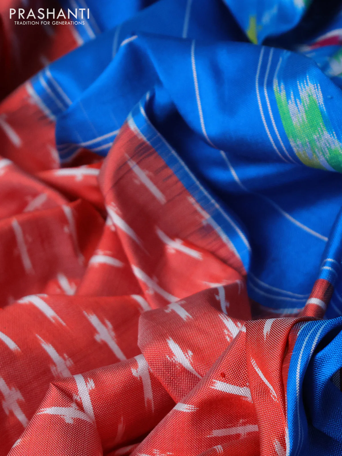Pochampally silk saree red shade and cs blue with allover ikat butta weaves and rettapet border - Image 3