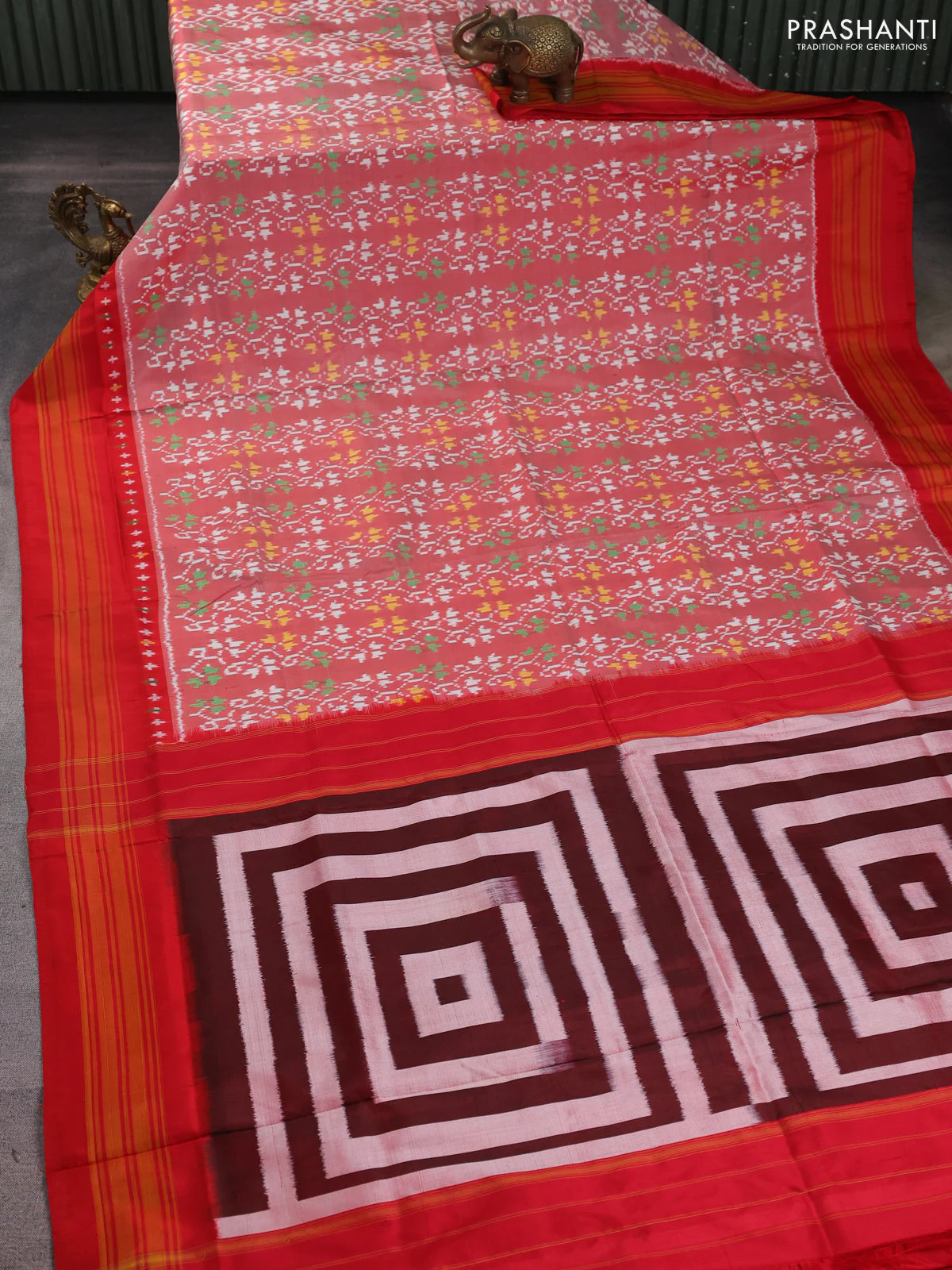 Pochampally silk saree red shade and red with allover ikat weaves and ikat woven border - Image 2