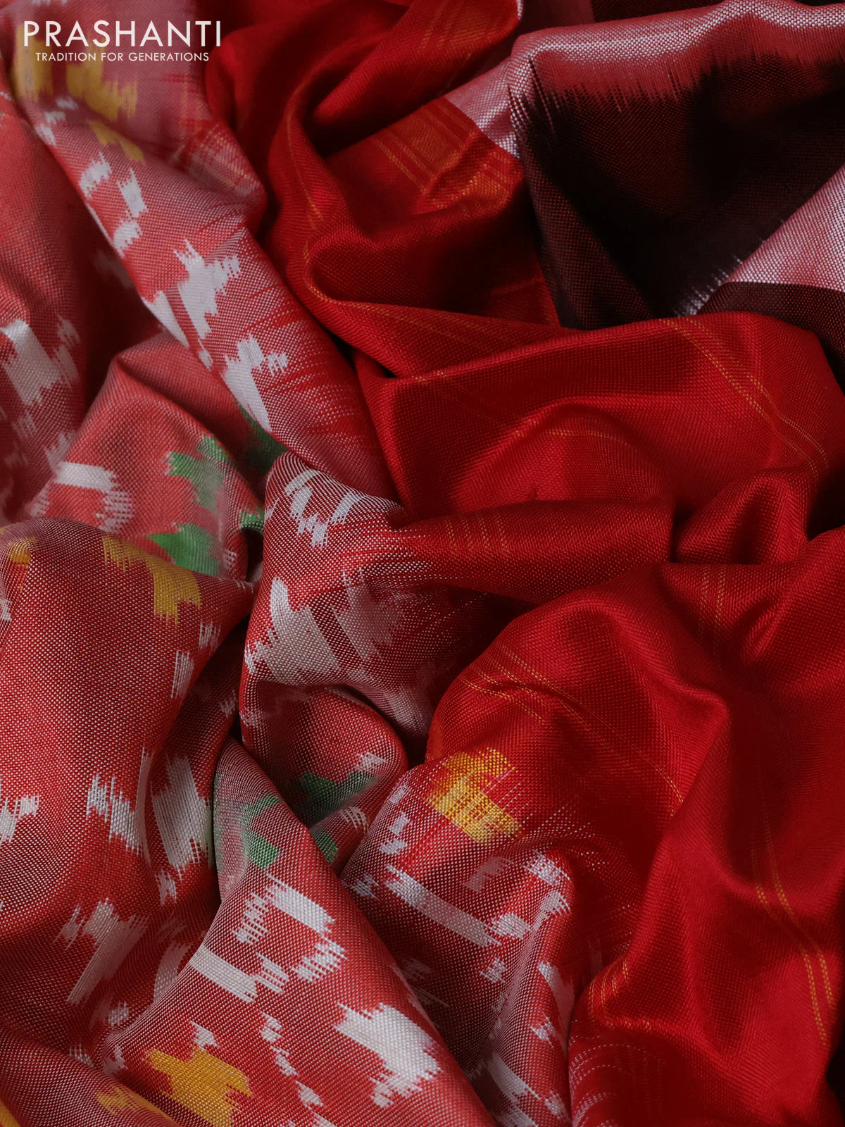 Pochampally silk saree red shade and red with allover ikat weaves and ikat woven border - Image 3