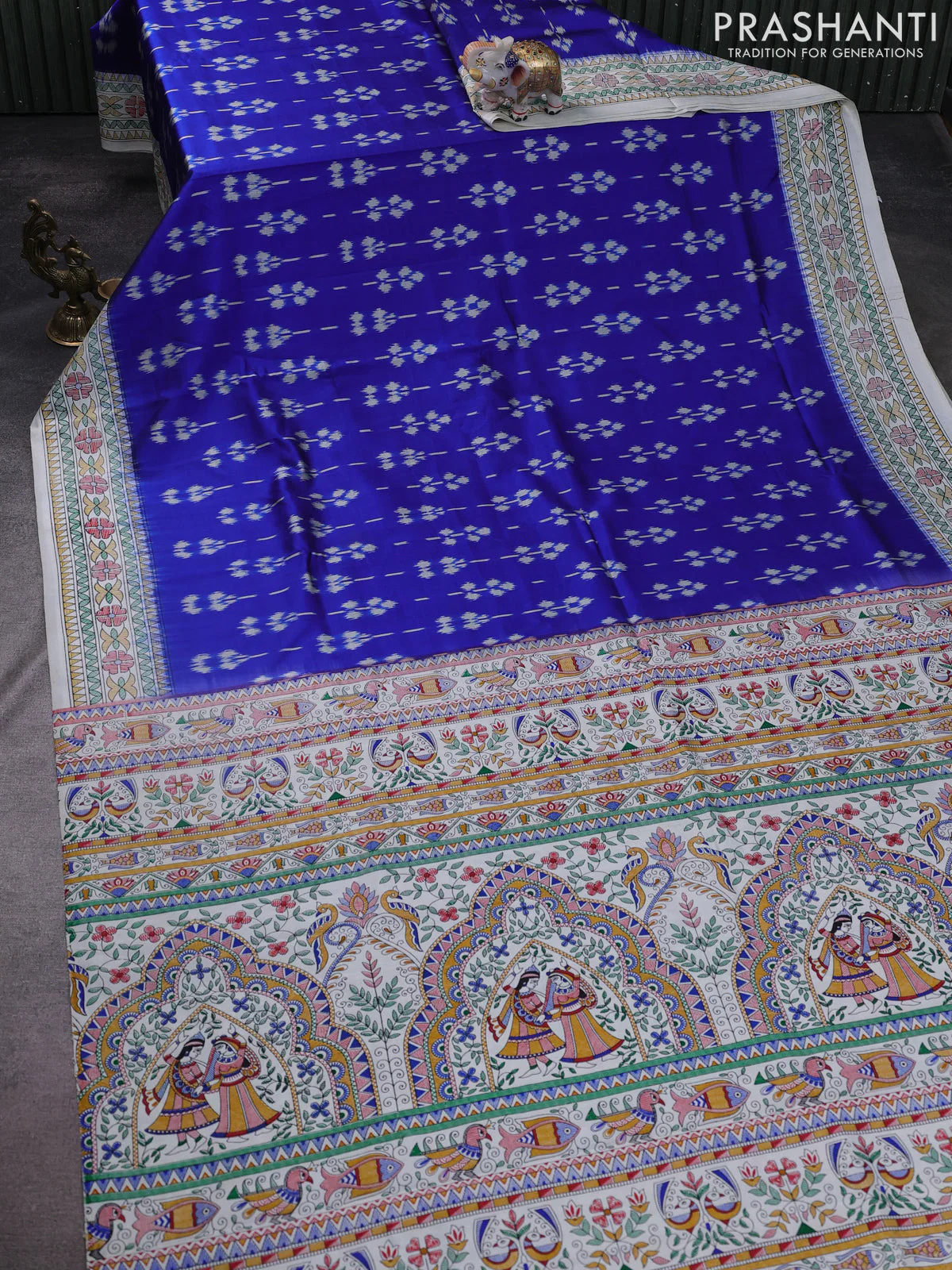 Pochampally silk saree royal blue and cream with allover ikat weaves and madhubani prints - Image 2