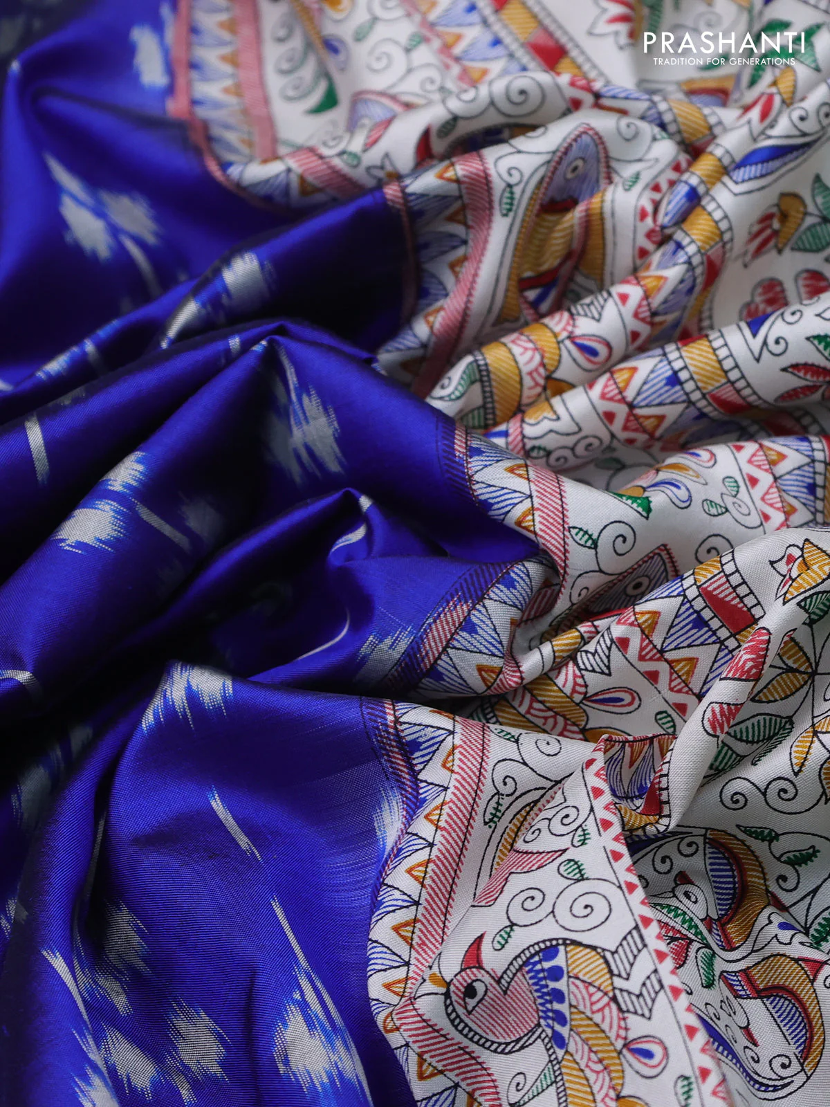 Pochampally silk saree royal blue and cream with allover ikat weaves and madhubani prints - Image 3