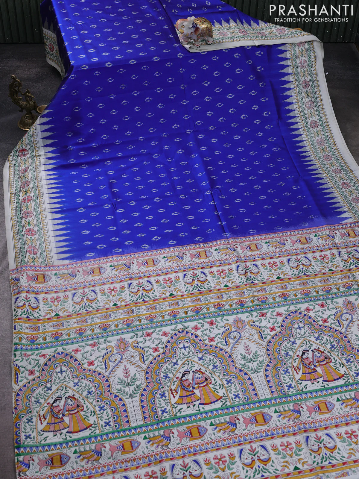 Pochampally silk saree royal blue and cream with allover ikat woven buttas and madhubani prints - Image 2