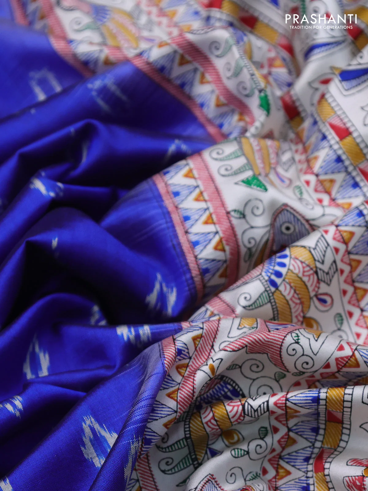 Pochampally silk saree royal blue and cream with allover ikat woven buttas and madhubani prints - Image 3