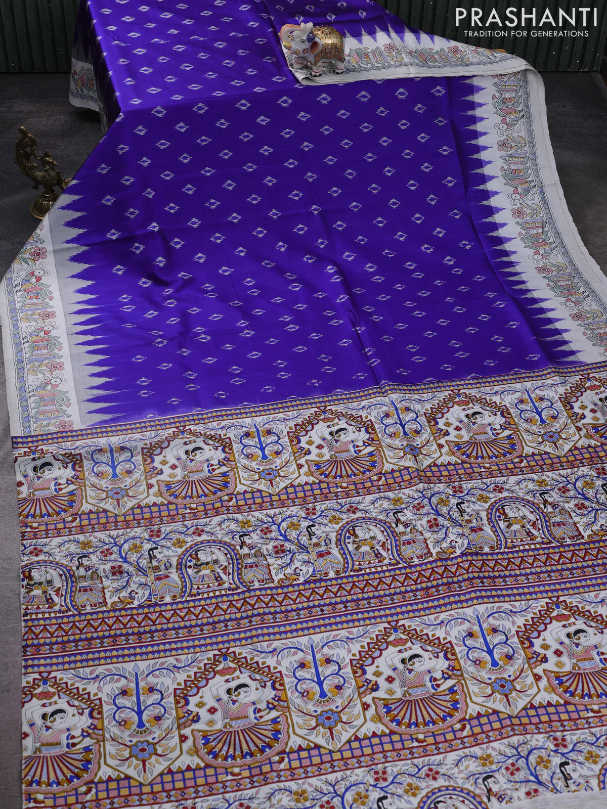Pochampally silk saree royal blue and cream with allover ikat woven buttas and madhubani prints - Image 2