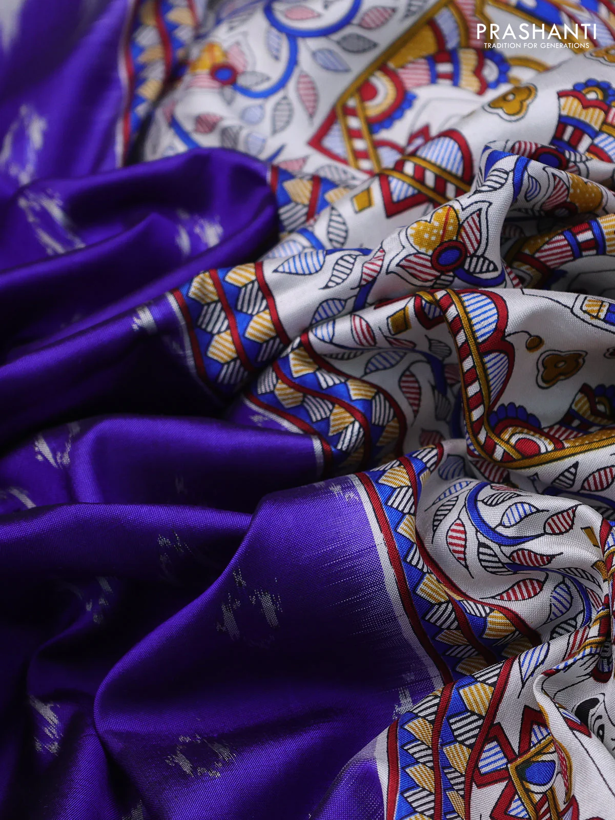 Pochampally silk saree royal blue and cream with allover ikat woven buttas and madhubani prints - Image 3