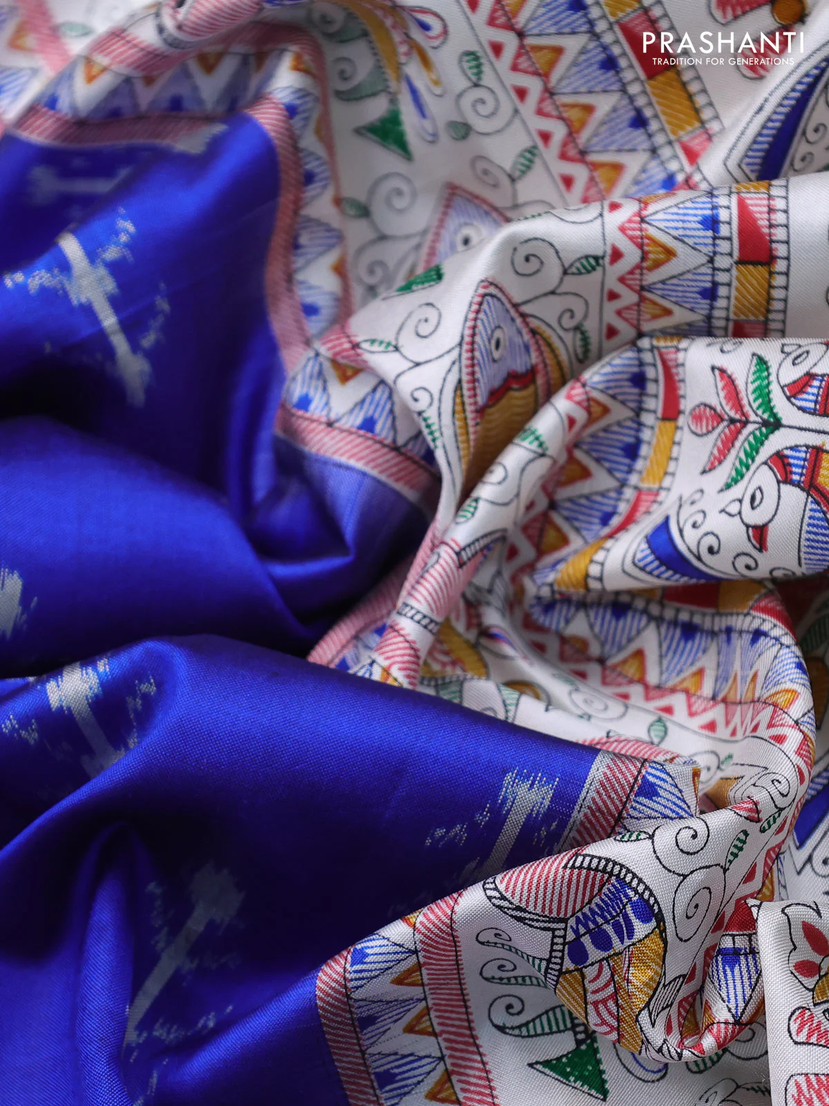 Pochampally silk saree royal blue and off white with allover ikat woven buttas and madhubani prints - Image 3