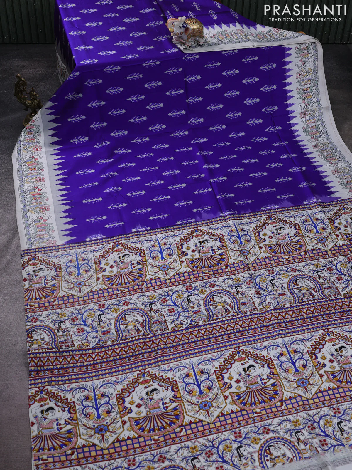 Pochampally silk saree royal blue and off white with allover ikat woven buttas and madhubani prints - Image 2