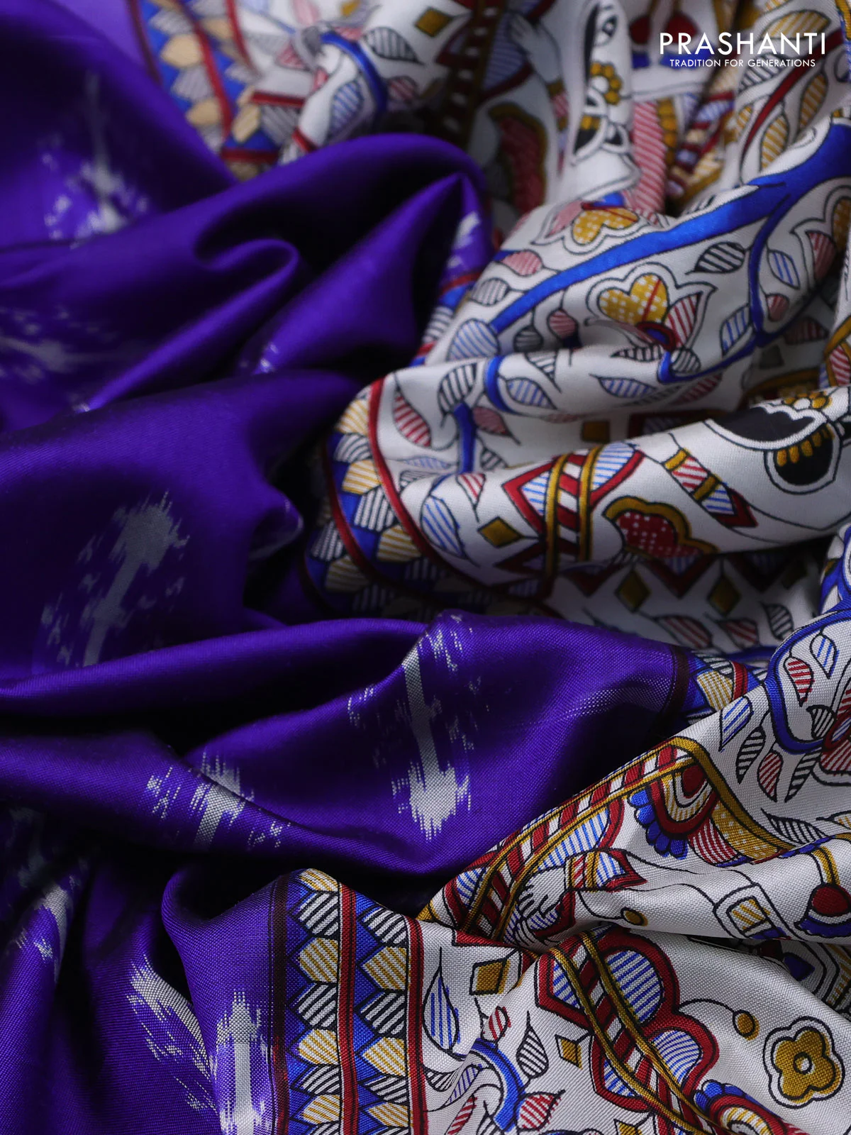Pochampally silk saree royal blue and off white with allover ikat woven buttas and madhubani prints - Image 3