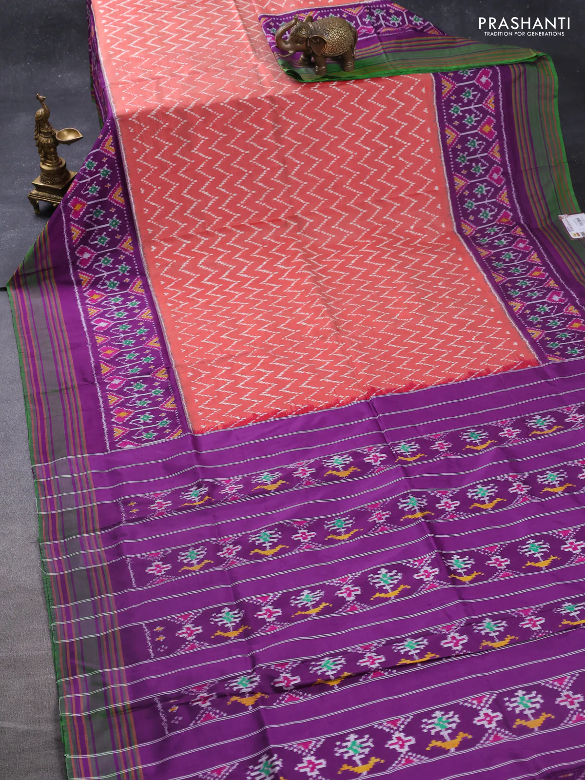 Pochampally silk saree rustic orange shade and purple green with allover zig zag ikat weaves and rettapet border - Image 2