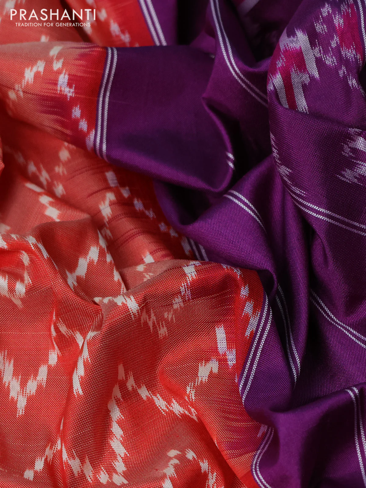 Pochampally silk saree rustic orange shade and purple green with allover zig zag ikat weaves and rettapet border - Image 3